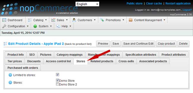 nopCommerce store configuration per product